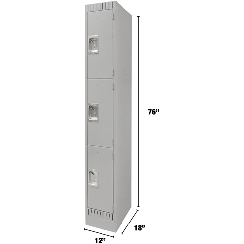 Lockers, 3 -tier, 12" x 18" x 76", Steel, Grey, Knocked Down Moffatt Supply & Specialties