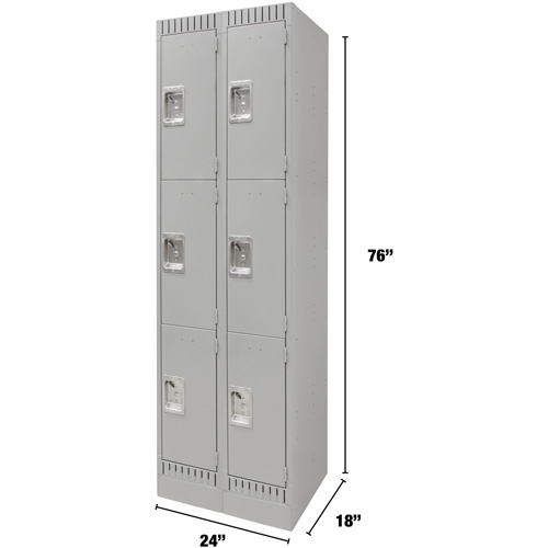 Lockers, 3 -tier, Bank of 2, 24" x 18" x 76", Steel, Grey, Knocked Down Moffatt Supply & Specialties