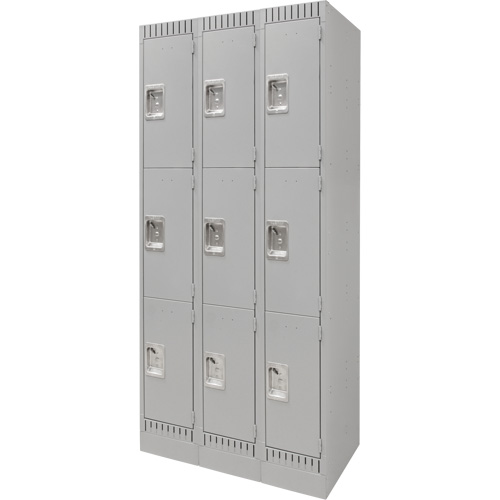Lockers, 3 -tier, Bank of 3, 36" x 18" x 76", Steel, Grey, Knocked Down Moffatt Supply & Specialties
