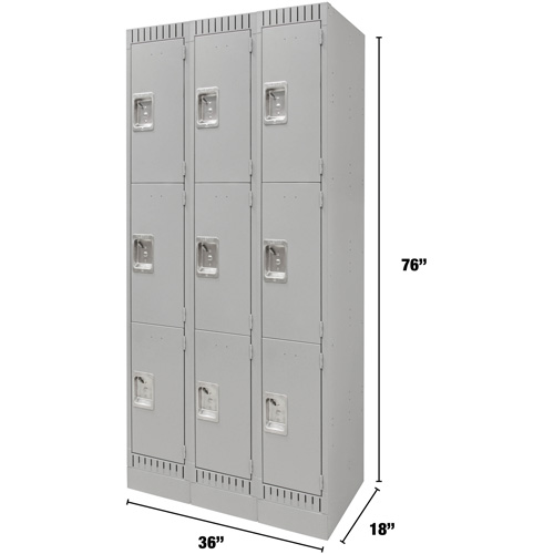 Lockers, 3 -tier, Bank of 3, 36" x 18" x 76", Steel, Grey, Knocked Down Moffatt Supply & Specialties