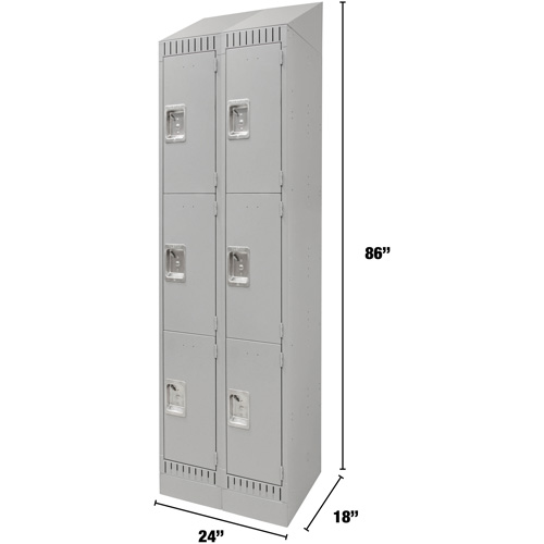 Lockers, 3 -tier, Bank of 2, 24" x 18" x 86", Steel, Grey, Knocked Down Moffatt Supply & Specialties