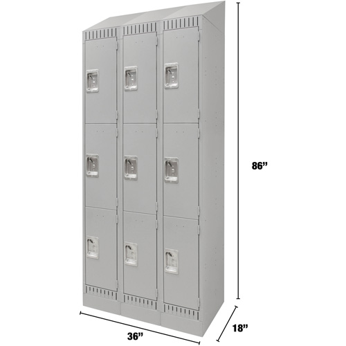 Lockers, 3 -tier, Bank of 3, 36" x 18" x 86", Steel, Grey, Knocked Down Moffatt Supply & Specialties