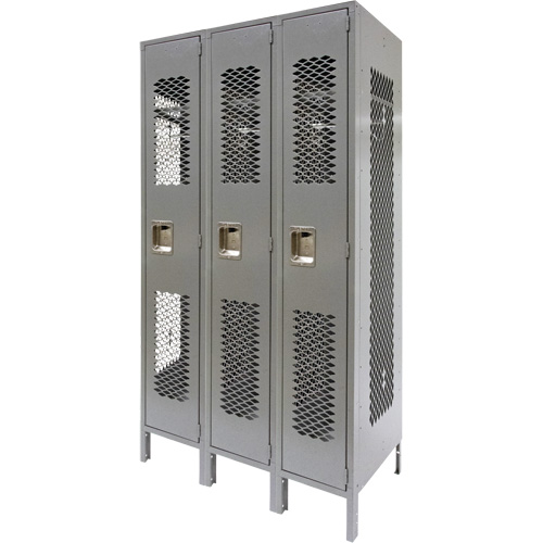 Vented Lockers, Bank of 3, 36" x 18" x 78", Steel, Grey, Knocked Down, Perforated Moffatt Supply & Specialties