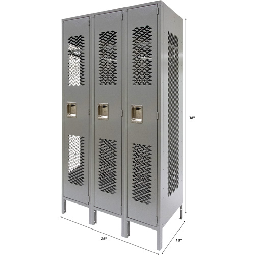 Vented Lockers, Bank of 3, 36" x 18" x 78", Steel, Grey, Knocked Down, Perforated Moffatt Supply & Specialties