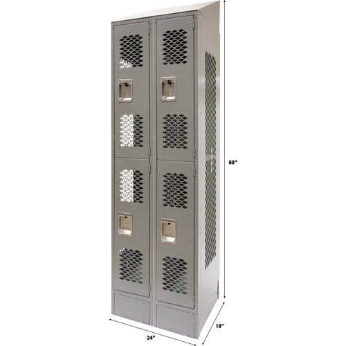 Vented Lockers, 2 -tier, Bank of 2, 24" x 18" x 88", Steel, Grey, Knocked Down, Perforated Moffatt Supply & Specialties