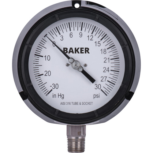 Manom&egrave;tre,  4-1/2", 30"-0-30 psi, Fixation inf&eacute;rieure, Analogique rempli de liquide Moffatt Supply & Specialties
