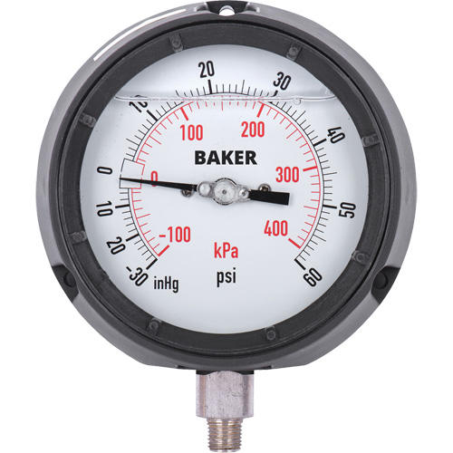 Pressure Gauge, 4-1/2" , 30"-0-60 psi, Bottom Mount, Liquid Filled Analogue Moffatt Supply & Specialties