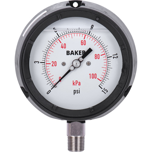 Pressure Gauge, 4-1/2" , 0 - 15 psi/0 - 100 kPa, Bottom Mount, Liquid Filled Analogue Moffatt Supply & Specialties