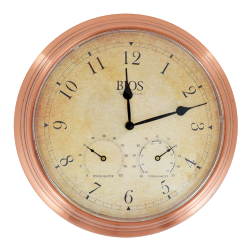 3-in-1 Outdoor Clock, Analog, Battery Operated, 14" Dia., Brown Moffatt Supply & Specialties