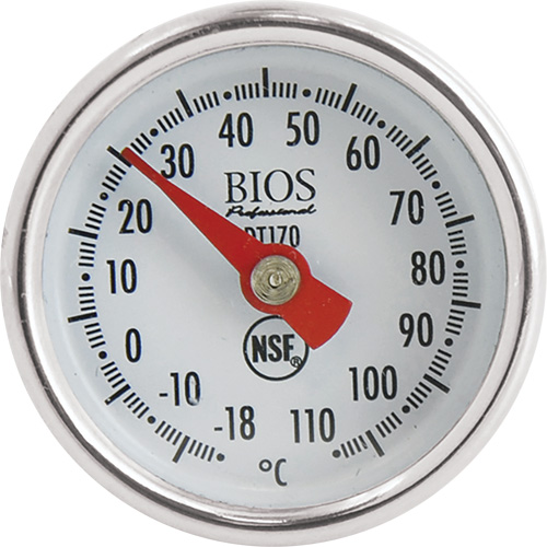 Thermom&egrave;tre &agrave; cadran 1 po/2,5 cm °C seulement avec manchon d'&eacute;talonnage, Contact, Analogique, 0,4-230°F (-18-110°C) Moffatt Supply & Specialties