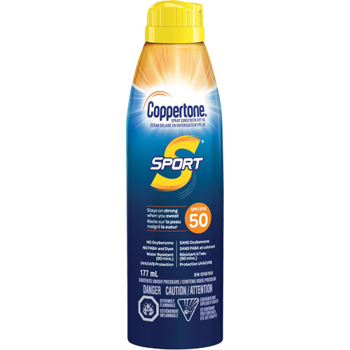 &eacute;cran solaire r&eacute;sistant &agrave; l'eau Sport, FPS 50, A&eacute;rosol Moffatt Supply & Specialties