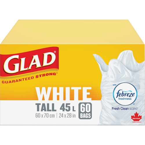 Sacs &agrave; ordures hauts 45 L avec Febreze, R&eacute;gulier, 24" la x 28" lo, Blanc Moffatt Supply & Specialties