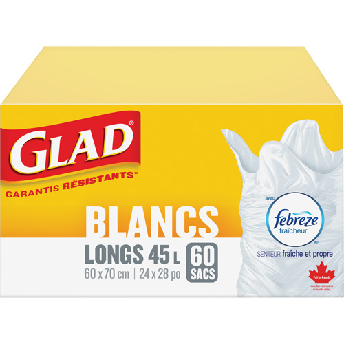 Sacs &agrave; ordures hauts 45 L avec Febreze, R&eacute;gulier, 24" la x 28" lo, Blanc Moffatt Supply & Specialties