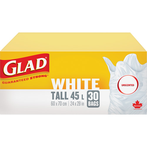 Tall 45L Unscented Garbage Bags, Regular, 24" W x 28" L, White Moffatt Supply & Specialties