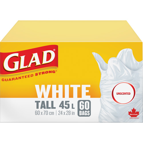 Tall 45L Unscented Garbage Bags, Regular, 24" W x 28" L, White Moffatt Supply & Specialties