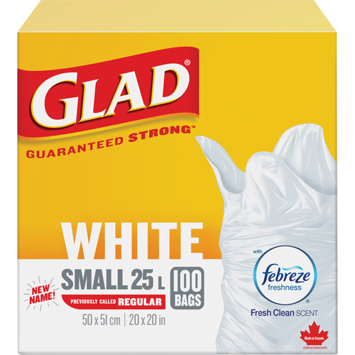 Petits sacs &agrave; ordures 25 L avec Febreze, R&eacute;gulier, 20" la x 20" lo, Blanc Moffatt Supply & Specialties