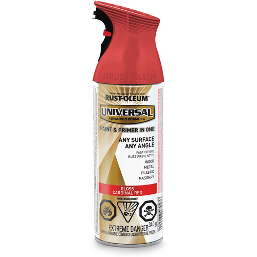 Peinture-&eacute;mail et couche de fond Universal, Rouge cardinal, Brillant, Canette a&eacute;rosol Moffatt Supply & Specialties