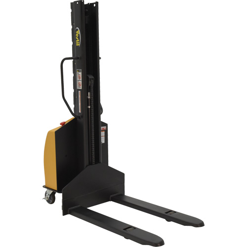 Narrow Mast Powered Lift Stacker, Electric Operated, 1000 lbs. Capacity, 63" Max Lift Moffatt Supply & Specialties