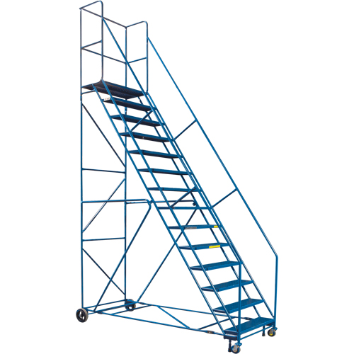 CSA-Certified Rolling Step Ladder with Locking Step, 14 Steps, 30" Step Width, 128" Platform Height, Steel Moffatt Supply & Specialties