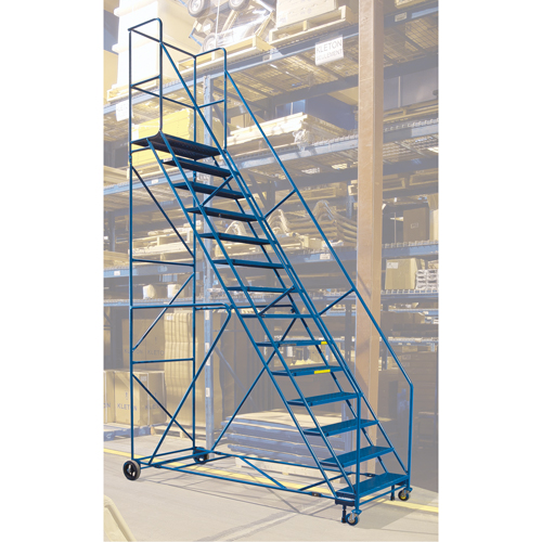 CSA-Certified Rolling Step Ladder with Locking Step, 14 Steps, 30" Step Width, 128" Platform Height, Steel Moffatt Supply & Specialties