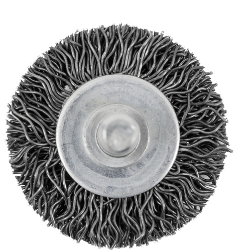 Brosse radiale &agrave; fils cr&ecirc;p&eacute;s mont&eacute; sur mandrin 126, 1-1/2", Fils 0,02", Tige 1/4" Moffatt Supply & Specialties