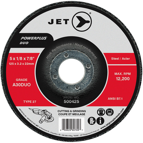 Meule/disque de coupe POWERPLUS DUO, 5" x 1/8", Arbre de 7/8", Type 27, Grain de A30DUO Moffatt Supply & Specialties