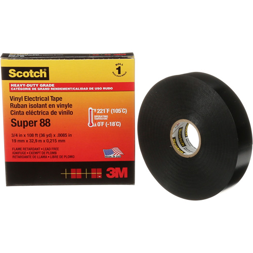 Scotch&reg; Super 88 Professional-Grade  Electrical Tape, 19 mm (3/4") W x 32.9 m (108') L, 8.5 mils, Black Moffatt Supply & Specialties