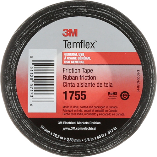 Temflex Cotton Friction Tape 1755, 19 mm (3/4") x 18.28 m (60'), Black Moffatt Supply & Specialties