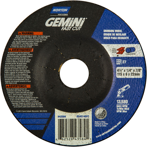Meule, 4-1/2" x 1/4", Arbre 7/8", Oxyde d'aluminium, Type 27 Moffatt Supply & Specialties