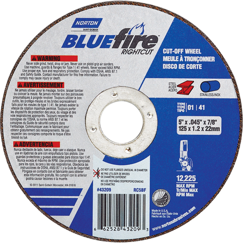 BlueFire&reg; Cut-off Wheel, 4-1/2" x 0.045"/1/16", 7/8" Arbor, Type 01/41, Aluminum Oxide/Zirconium, 13580 RPM Moffatt Supply & Specialties