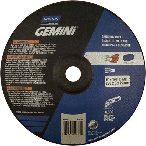 Gemini&reg; Saucer Wheel, 9" x 1/4", 7/8" Arbor, Aluminum Oxide, Type 28 Moffatt Supply & Specialties