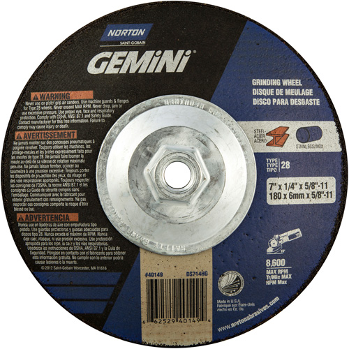 Gemini&reg; Saucer Wheel, 7" x 1/4", 5/8"-11 Arbor, Aluminum Oxide, Type 28 Moffatt Supply & Specialties