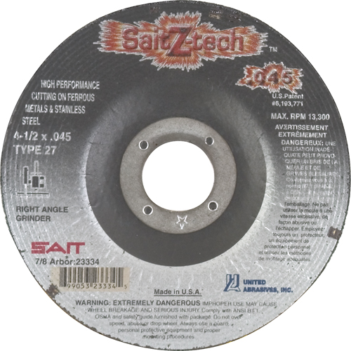 Cutting Wheel Z-Tech, 4-1/2" x 0.045", 7/8" Arbor, Type 27, Zirconium, 13300 RPM Moffatt Supply & Specialties