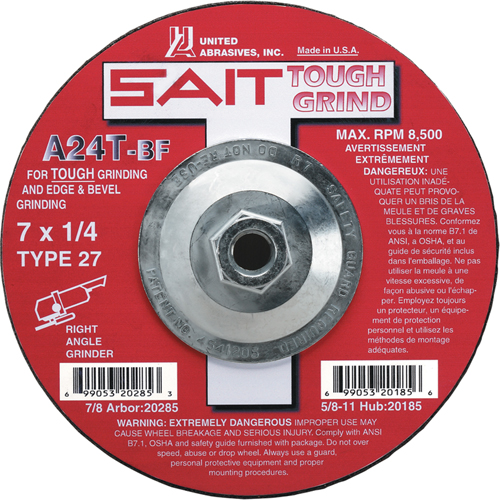 Meule A24T Tough Grind, 4-1/2" x 1/4", Arbre 7/8", Oxyde d'aluminium, Type 27 Moffatt Supply & Specialties