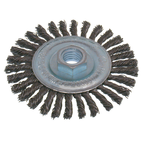 Brosses &eacute;conomiques &agrave; fil nou&eacute;s &agrave; haute vitesse pour cordons de soudure, Dia. 6", Fils 0,02", Arbre 5/8"-11, Acier inoxydable Moffatt Supply & Specialties