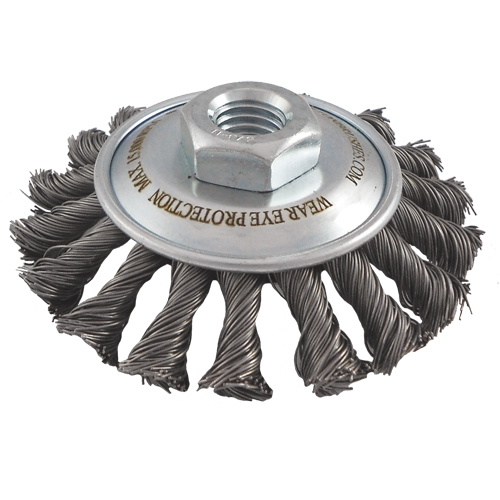 Knotted Wire Wheel Saucer Brushes, 4" Dia., 0.02" Fill, 5/8"-11 Arbor, Steel Moffatt Supply & Specialties