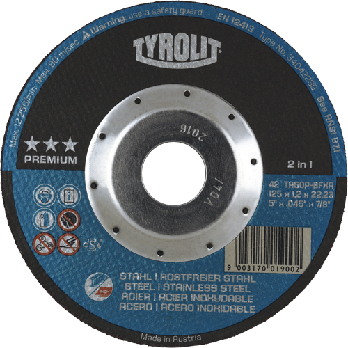 Meule &agrave; tronçonner 2-en-1 de premi&egrave;re qualit&eacute; Thincut, 5" x 0,045", Arbre de 7/8", Type 27, Oxyde d'aluminium, 12250 Tr/min Moffatt Supply & Specialties