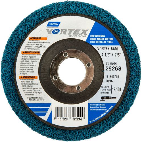 Meule non tiss&eacute;e Vortex, 4-1/2" dia. x 1/2" la, Arbre 7/8", Oxyde d'aluminium Moffatt Supply & Specialties
