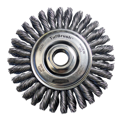 Brosse &agrave; fils nou&eacute;s TufBrush, Dia. 4", Fils 0,02", Arbre 5/8"-11, Acier Moffatt Supply & Specialties
