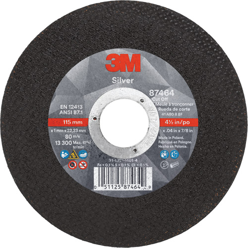 Silver Cut-Off Wheel, 4-1/2" x 0.04", 7/8" Arbor, Type 1, Ceramic, 13300 RPM Moffatt Supply & Specialties