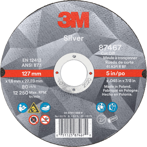 Silver Cut-Off Wheel, 5" x 0.045", 7/8" Arbor, Type 1, Ceramic, 12250 RPM Moffatt Supply & Specialties