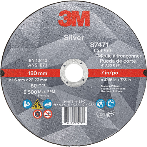 Silver Cut-Off Wheel, 7" x 0.045", 7/8" Arbor, Type 1, Ceramic, 8500 RPM Moffatt Supply & Specialties