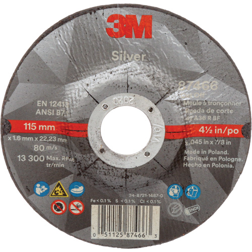 Silver Cut-Off Wheel, 4-1/2" x 0.045", 7/8" Arbor, Type 27, Ceramic, 13300 RPM Moffatt Supply & Specialties