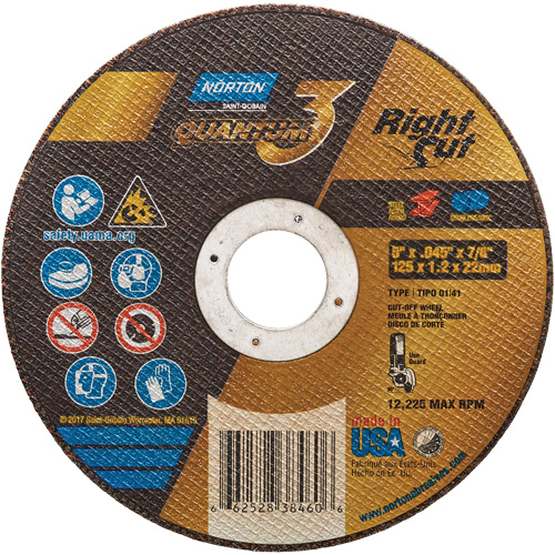 Quantum3 RightCut Cut-Off Wheel, 5" x 0.045", 7/8" Arbor, Type 01/41, Ceramic Alumina, 12225 RPM Moffatt Supply & Specialties