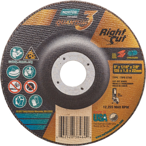 Quantum3 RightCut Cut-Off Wheel, 5" x 1/16", 7/8" Arbor, Type 27/42, Ceramic Alumina, 12225 RPM Moffatt Supply & Specialties