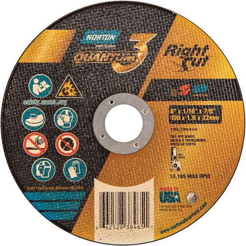 Quantum3 RightCut Cut-Off Wheel, 6" x 1/16", 7/8" Arbor, Type 01/41, Aluminum Oxide, 10185 RPM Moffatt Supply & Specialties