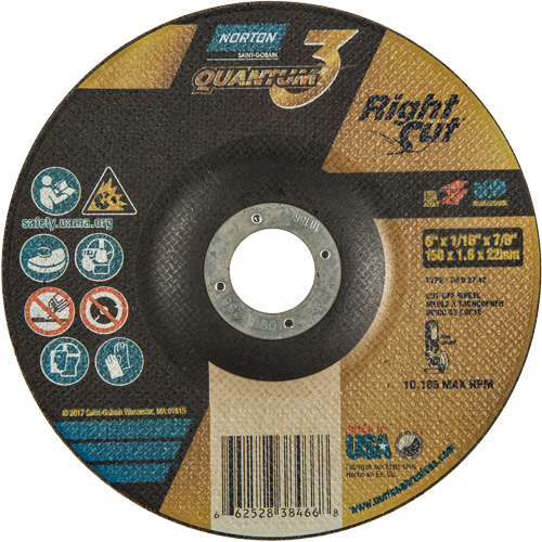 Quantum3 RightCut Cut-Off Wheel, 6" x 1/16", 7/8" Arbor, Type 27/42, Aluminum Oxide, 10185 RPM Moffatt Supply & Specialties