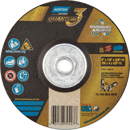Quantum3 Grinding & Cutting Wheel, 6" x 1/8", 5/8"-11 Arbor, Type 27, 24 Grit, Ceramic Alumina Moffatt Supply & Specialties