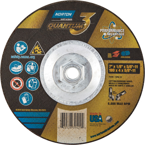 Quantum3 Grinding & Cutting Wheel, 7" x 1/8", 5/8"-11 Arbor, Type 27, 24 Grit, Ceramic Alumina Moffatt Supply & Specialties