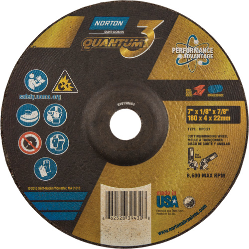 Quantum3 Grinding & Cutting Wheel, 7" x 1/8", 7/8" Arbor, Type 27, 24 Grit, Ceramic Alumina Moffatt Supply & Specialties
